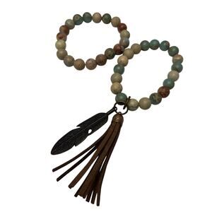 Stone Beaded Stretch Bracelet With Metal Feather And Tassel